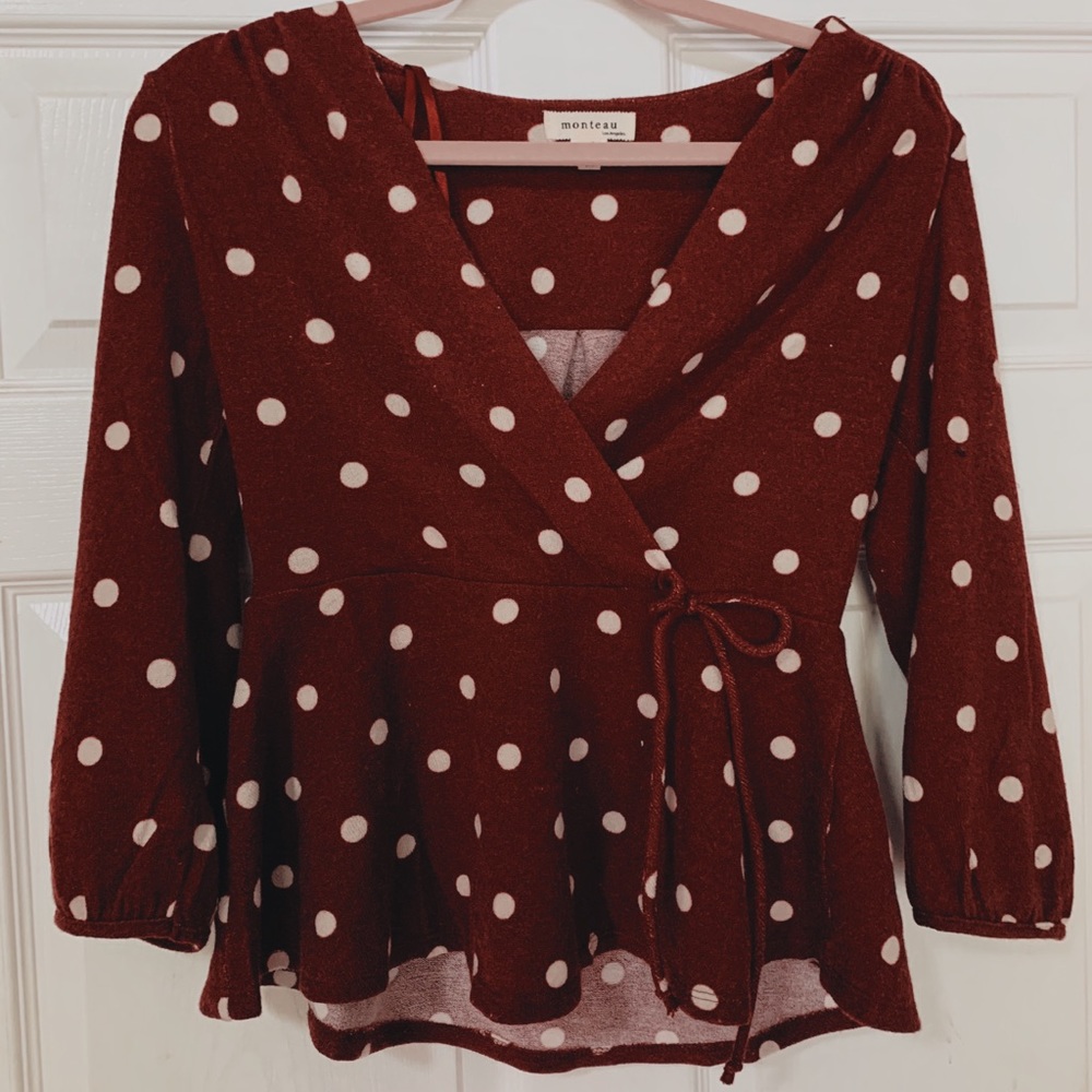Merlot&white v-neck long sleeve blouse